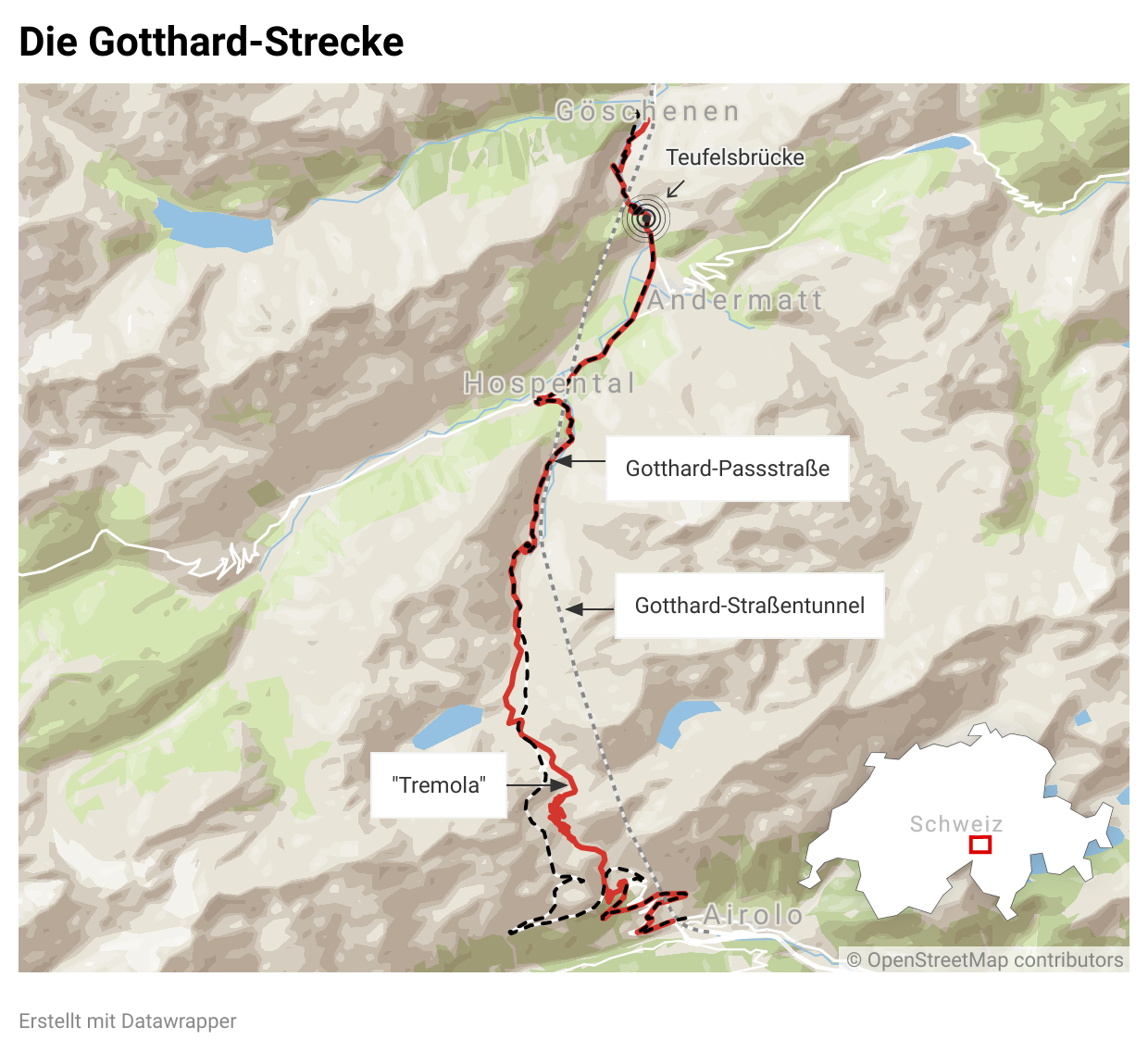 Schweiz: Der Gotthardpass mit Tremolastraße und Gotthard-Straßentunnel